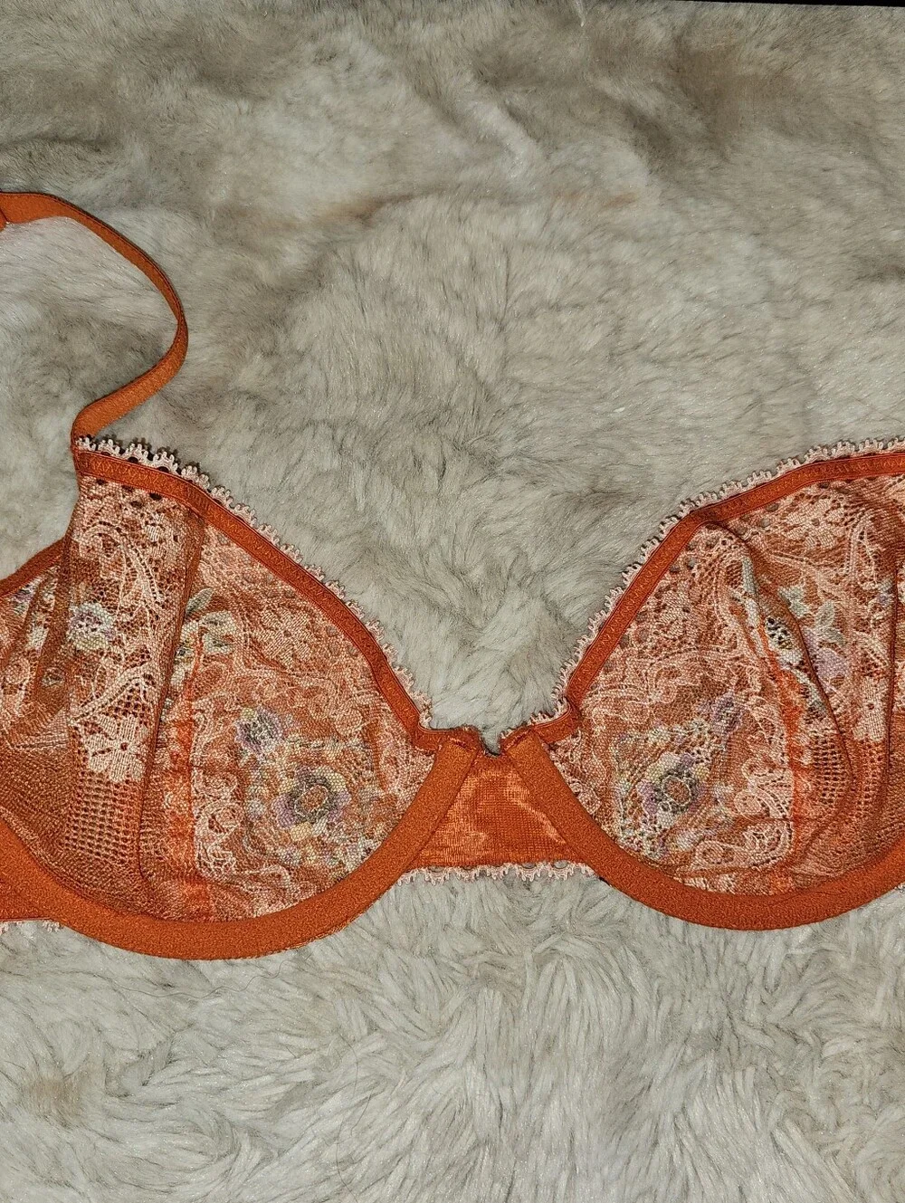 Savage X Fenty Dolled Up Unlined Underwire Orange Floral Lace Demi Bra 32DDD US